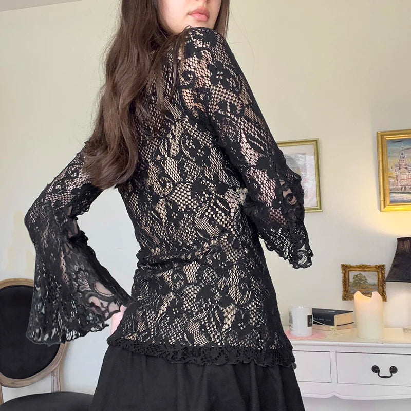 Vintage Midnight Lace Bell Sleeve Top