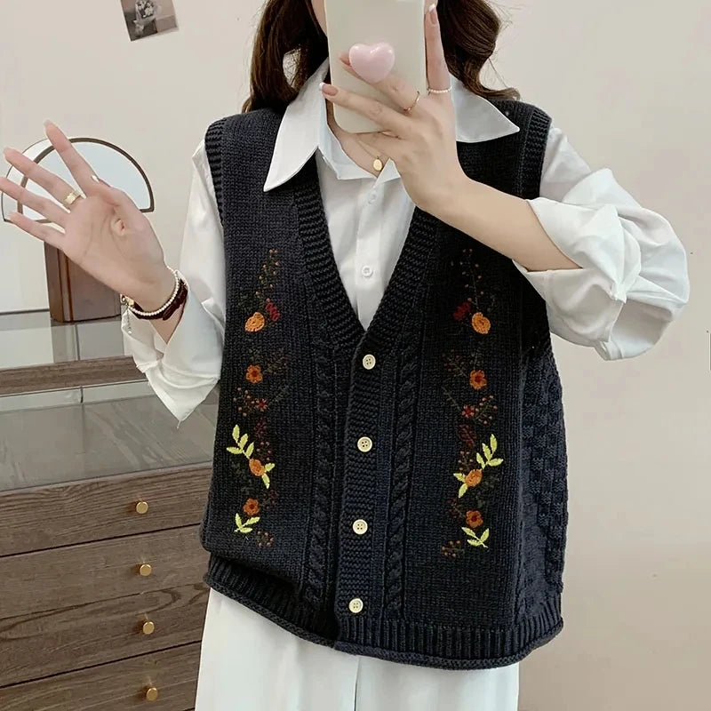 Cottagecore Autumn Harvest Embroidered Knit Vest