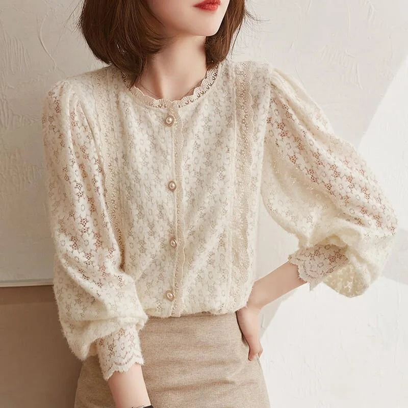 Vintage Pearl Button Lace Blouse