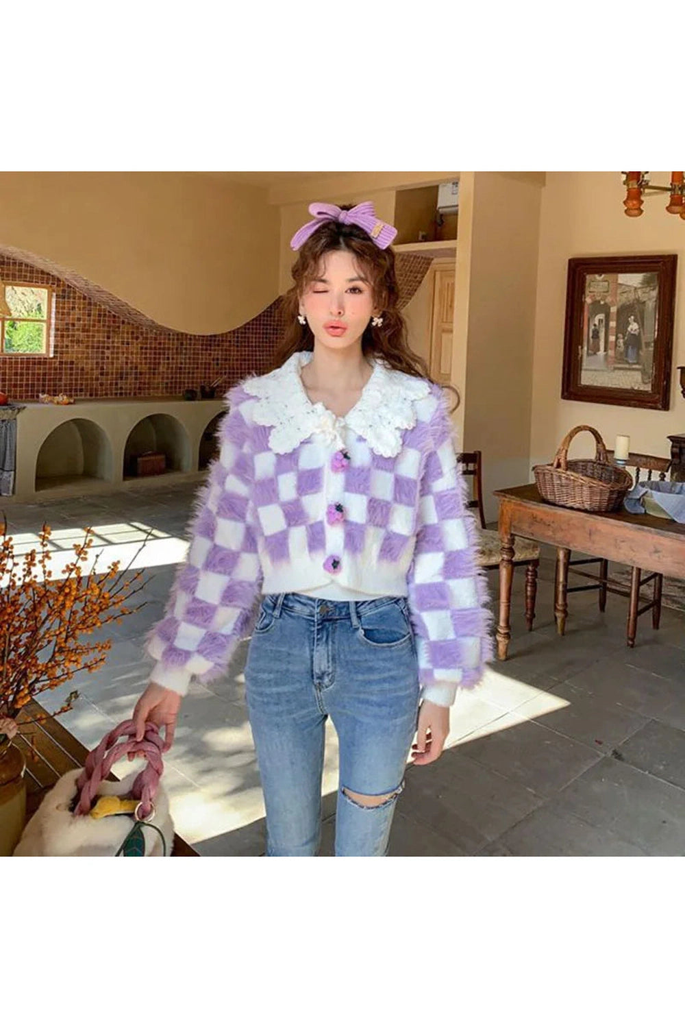 Korean Plaid Cropped Fall Cardigan