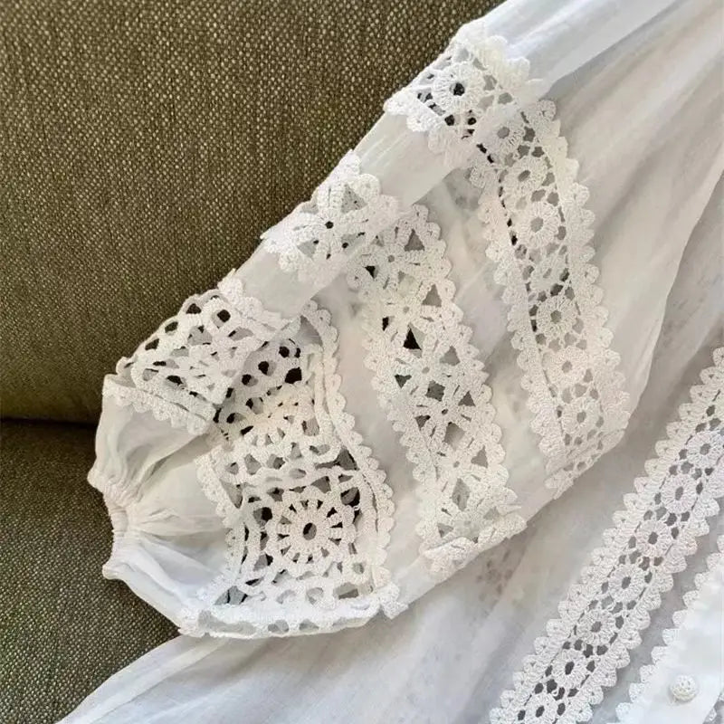 Vintage Lace Puff Sleeve Button-Up Blouse