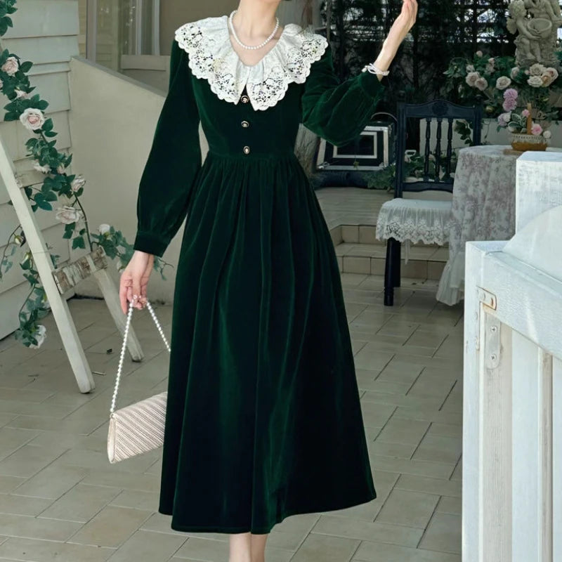 Dark Cottagecore Emerald Velvet Lace Collar Midi Dress