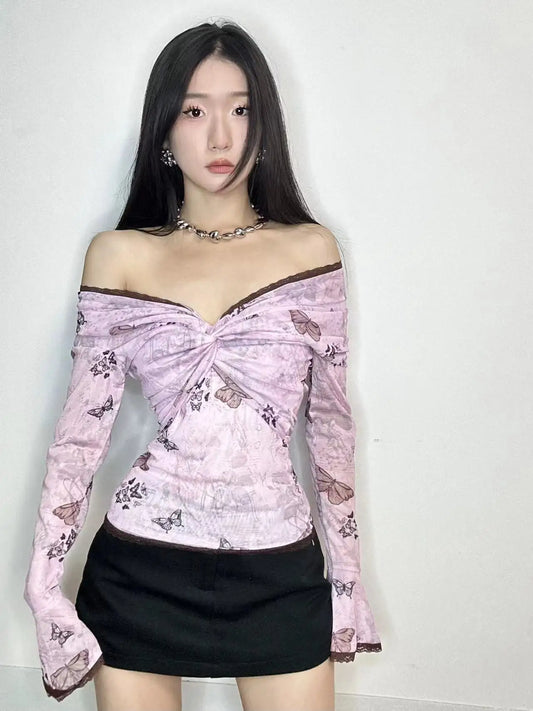 Fairycore Off-Shoulder Floral Mesh Top