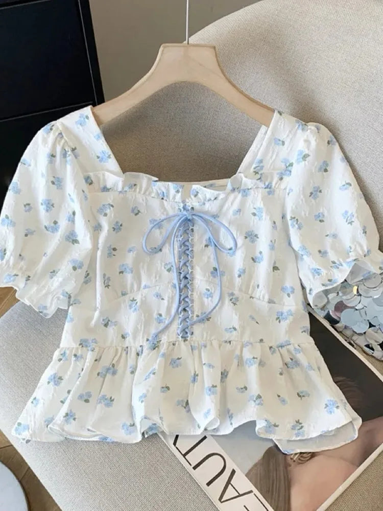 Fairycore Puff Sleeve Floral Blouse