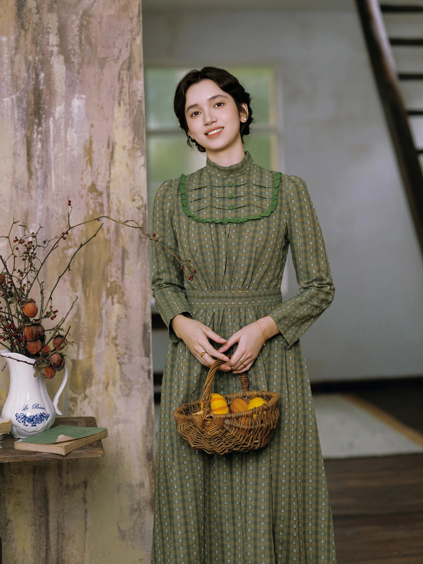 Cottagecore Moss Garden Pintuck Maxi Dress