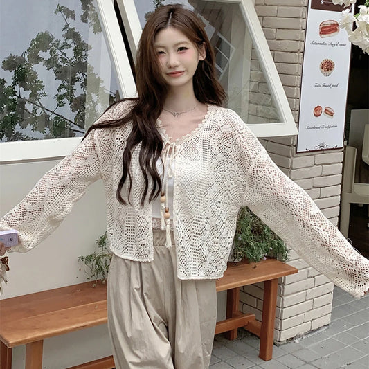 Mori Girl Crochet Bell Sleeve Cardigan