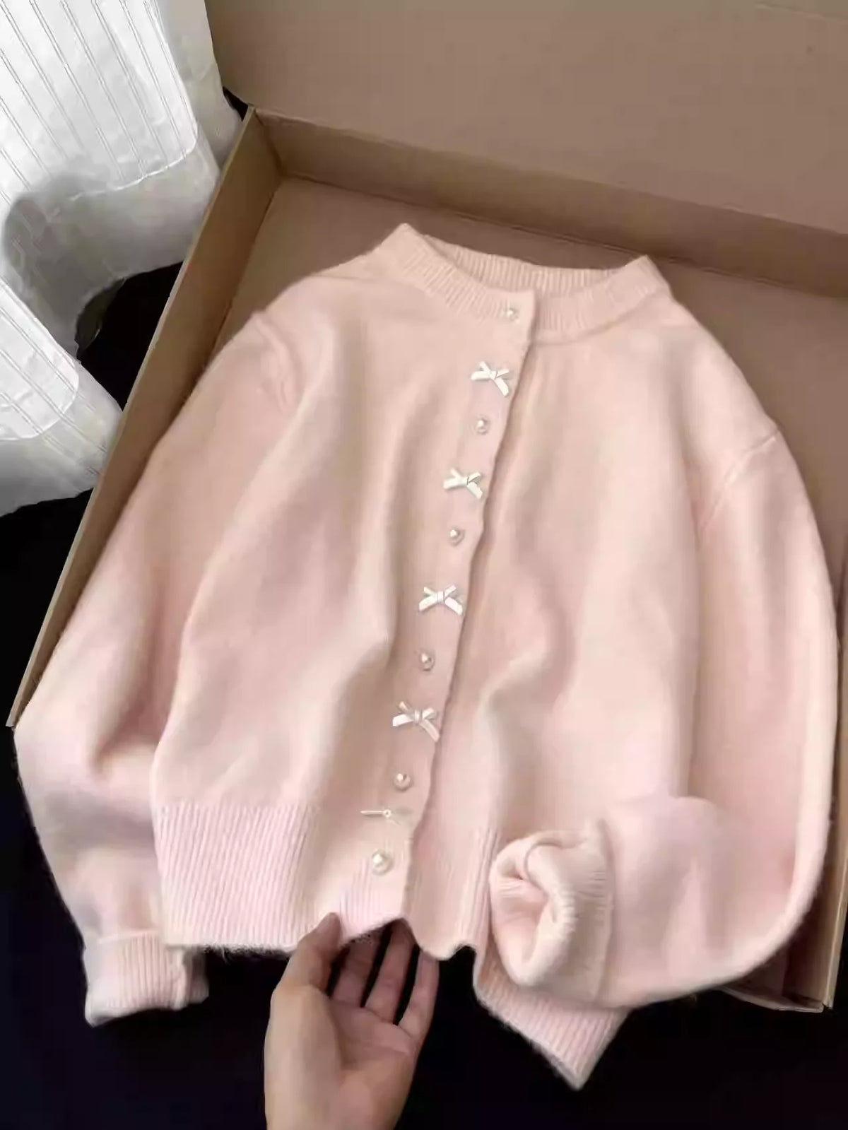 Gentle Pearl Button Bow Cardigan