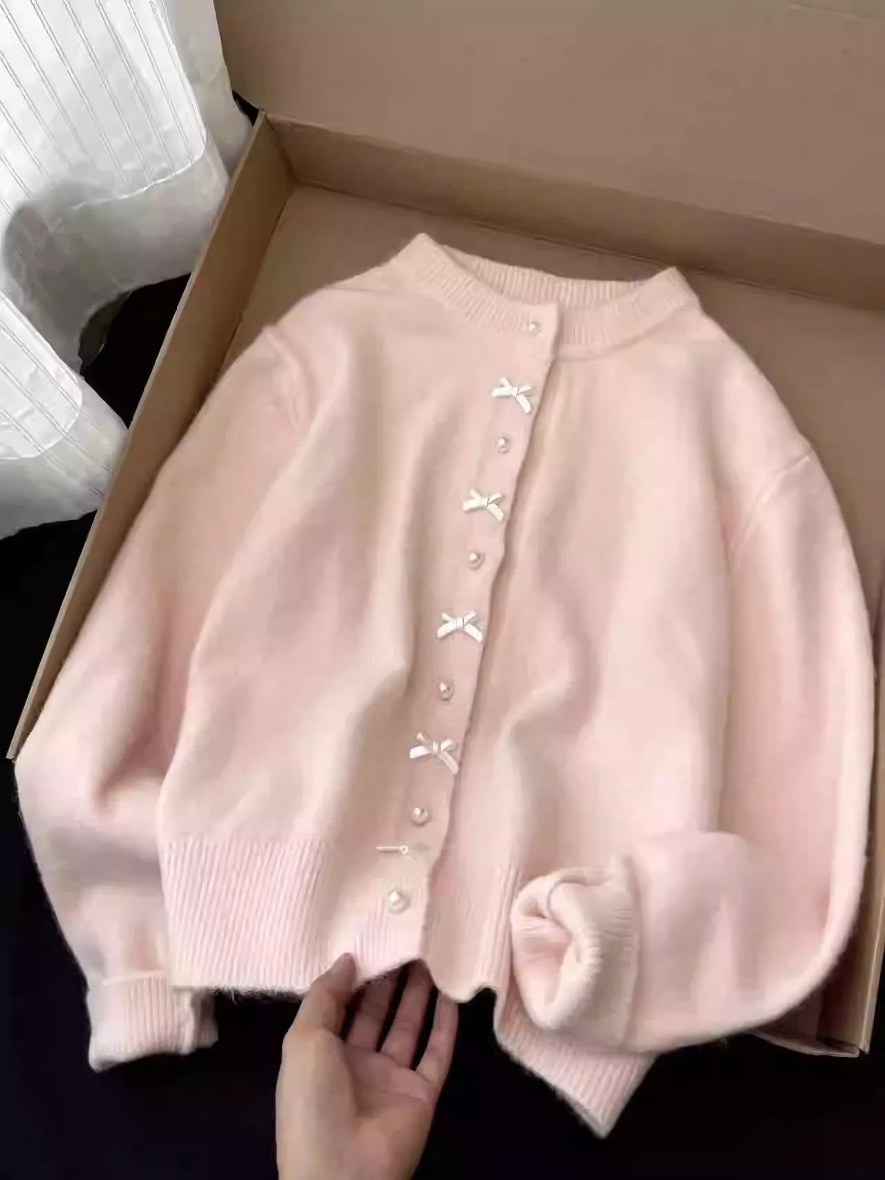 Fairycore Buttercream Pearl & Bow Knit Cardigan