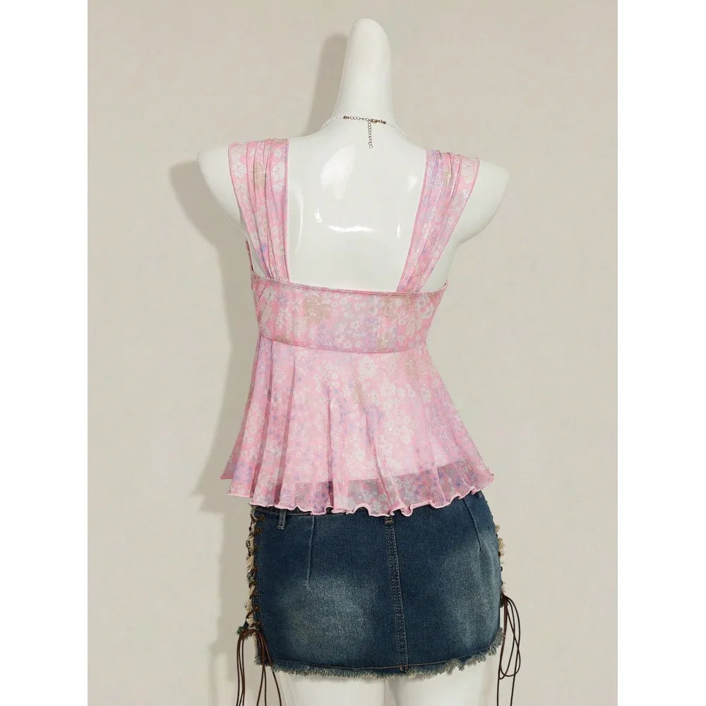 Fairycore Aqua Blossom Ruched Tie-Front Top