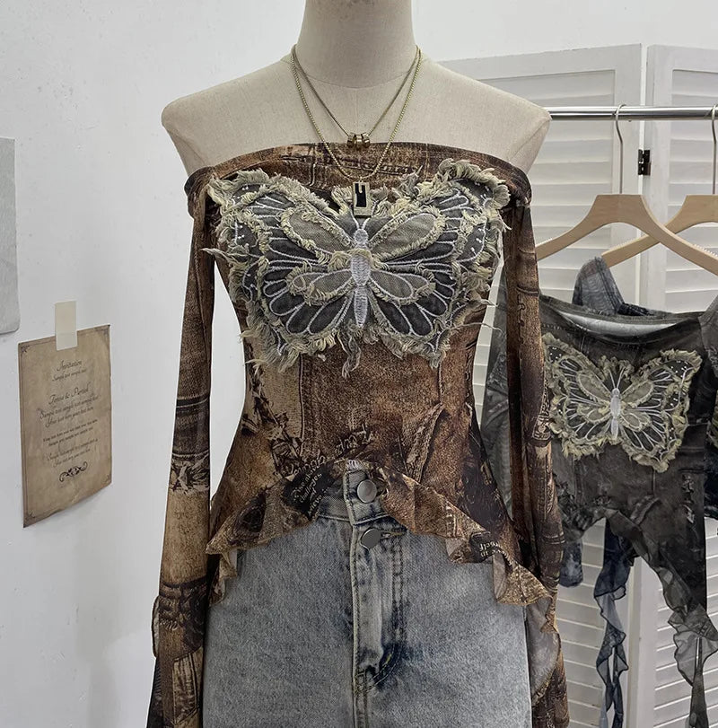 Fairy Grunge Ashen Butterfly Ruffle Mesh Top