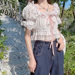 Fairycore Ribbon-Trim Lace Blouse