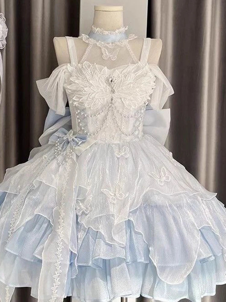 Fairycore Butterfly Court Mini Dress in Ice Blue