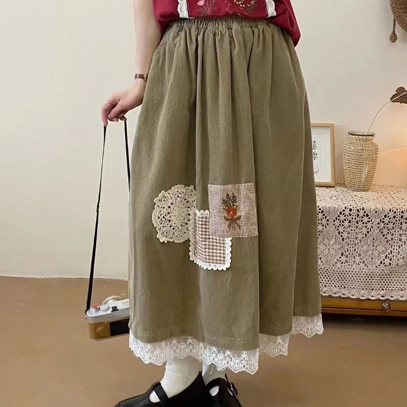 Mori Girl Patchwork Lace Hem Skirt cottagecoreclothes