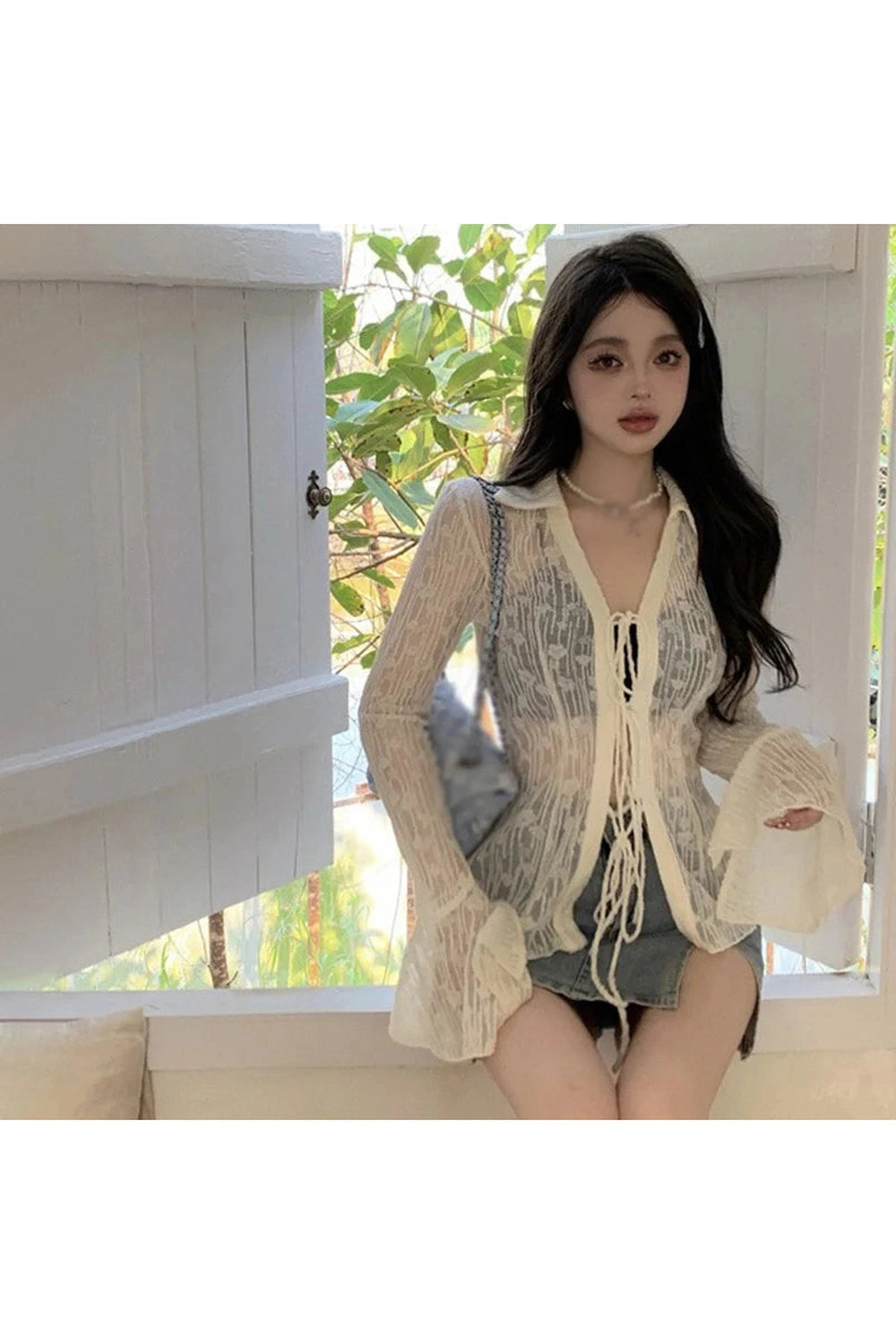 Fairycore Sheer Lace Tie-Front Blouse