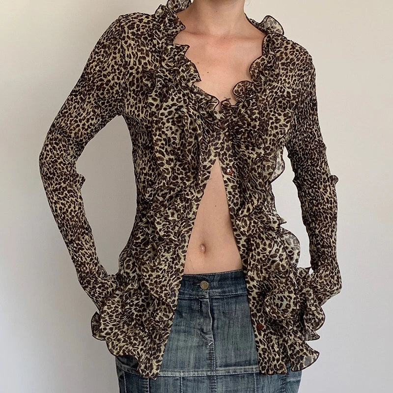 Vintage Leopard Ruffle Front Blouse