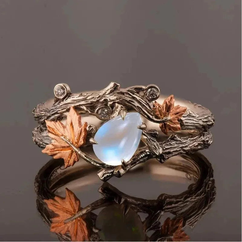 Goblincore Moonstone Twig & Maple Leaf Stacking Ring