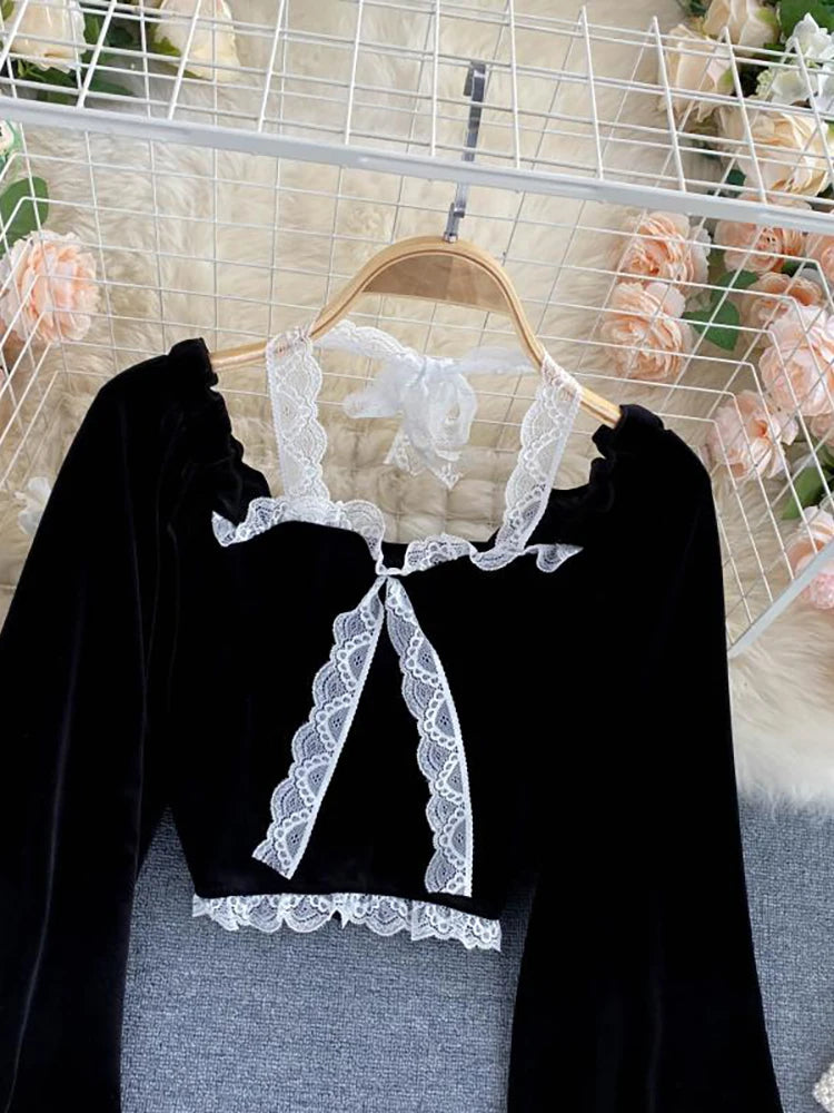 Vintage Black Velvet Bow-Tie Lace Top