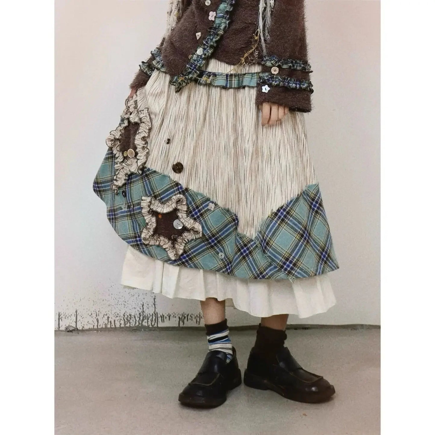 Goblincore Patchwork Plaid Ruffle Skirt
