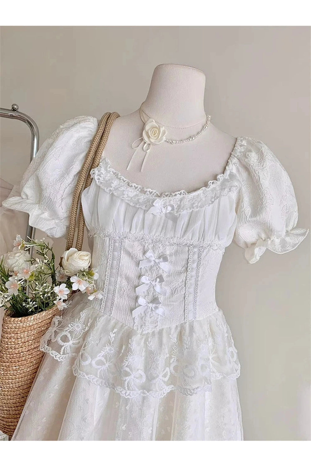 Fairycore Lace Tiered Puff Dress