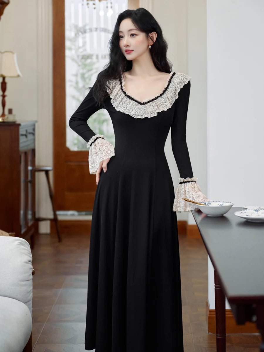 Dark Cottagecore Lace Collar Flare Sleeve Dress