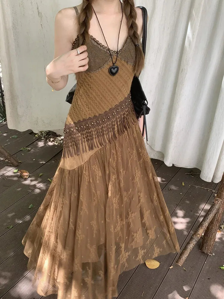 Earthy Fairy Grunge Fringe Midi Dress