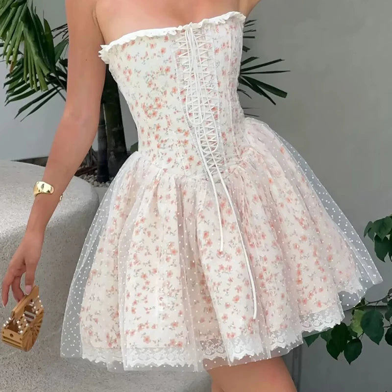 Cottagecore Off Shoulder Lace-Up Corset Dress