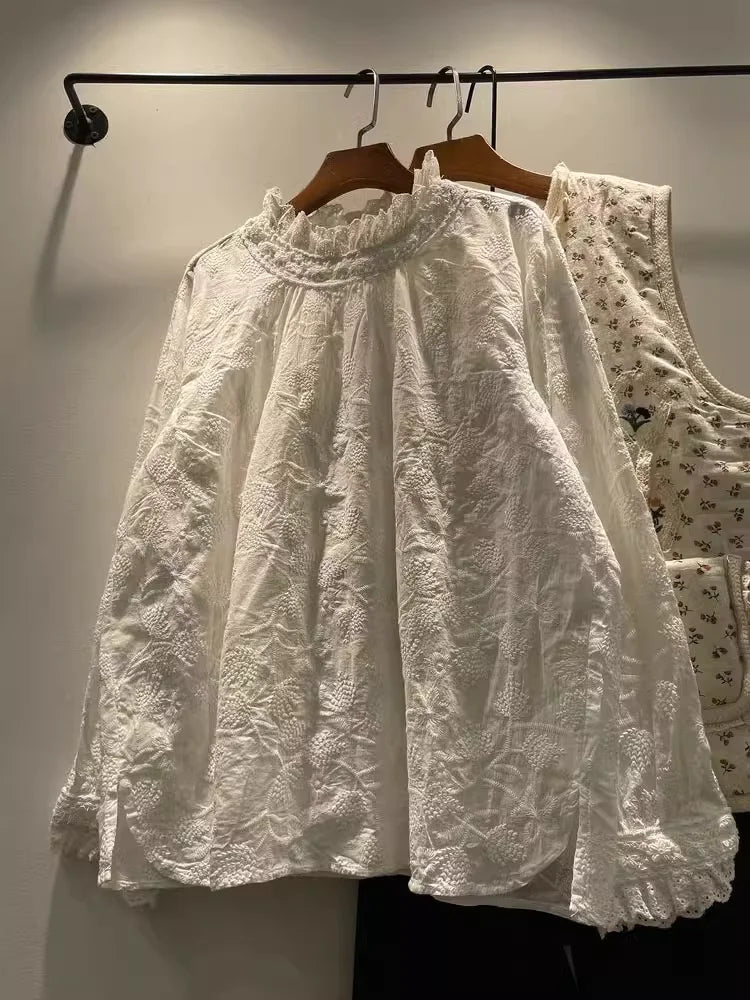 Mori Girl Pintuck Lace Embroidery Blouse
