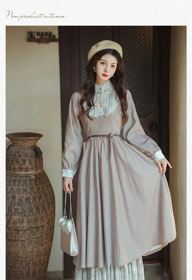 Vintage Aesthetic Lace Collar Pinstripe Midi Dress