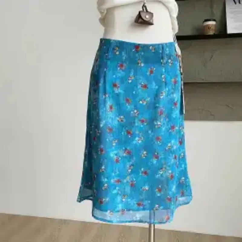 Mori Girl Ditsy Floral Washed Denim-Print Midi Skirt