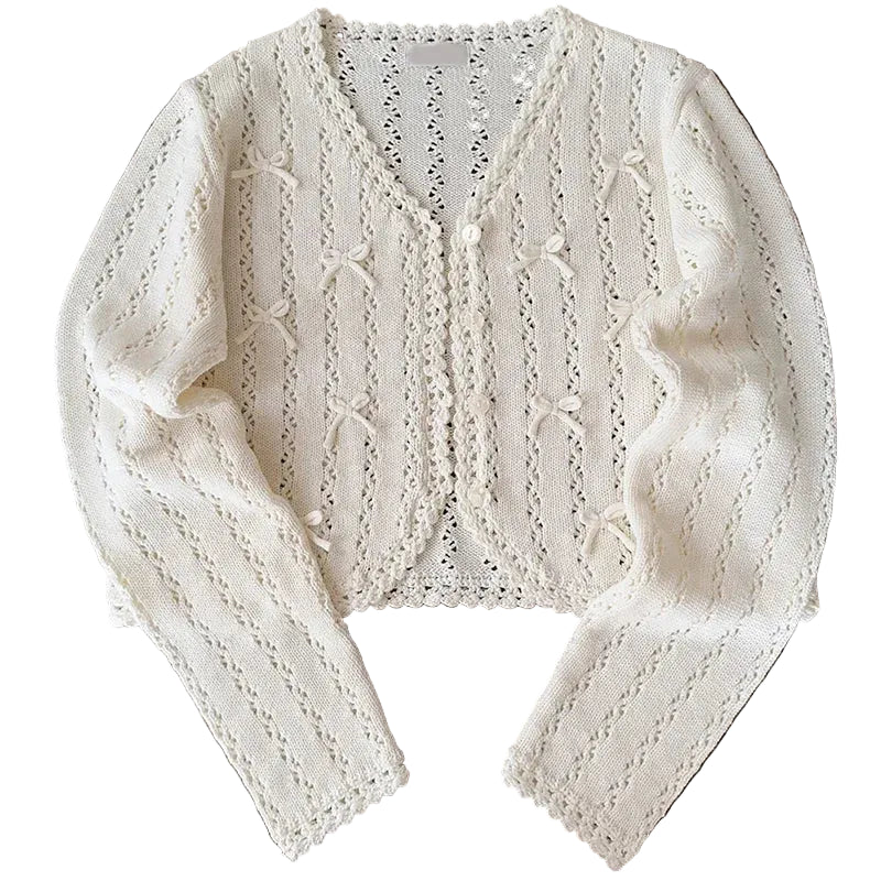 Fairycore Ribbon Bow Open-Knit Cropped Cardigan