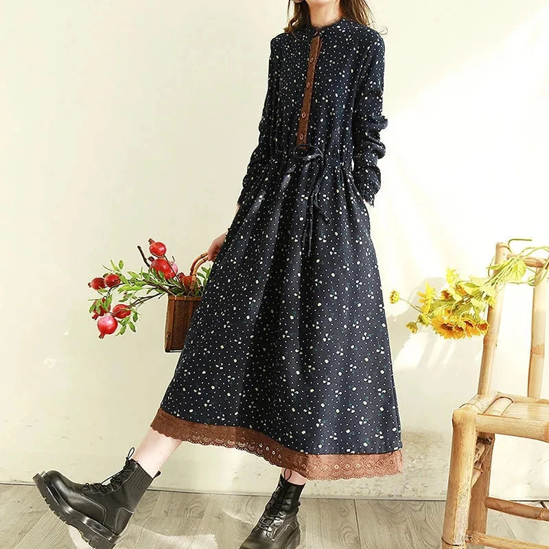 Mori Girl Polka Dot Button-Up Midi Dress