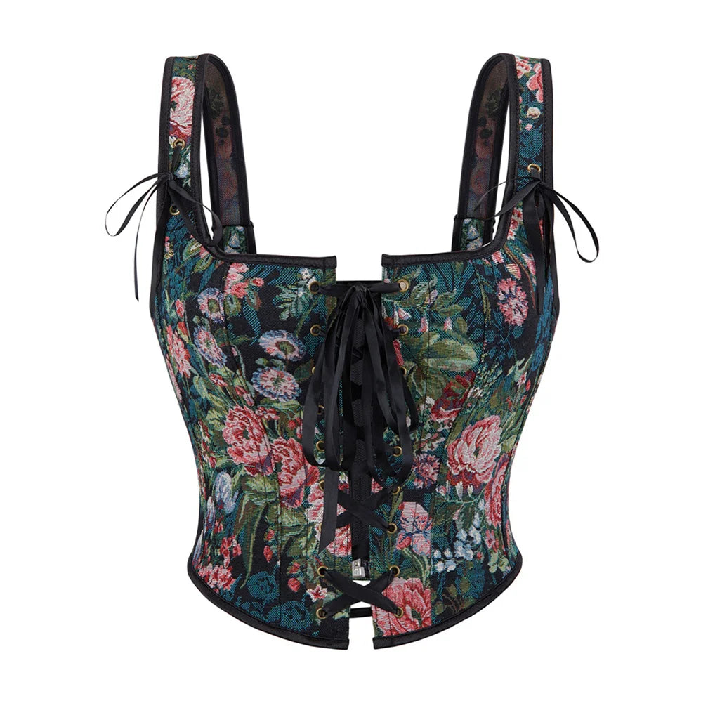 Vintage Aesthetic Tapestry Floral Lace-Up Corset