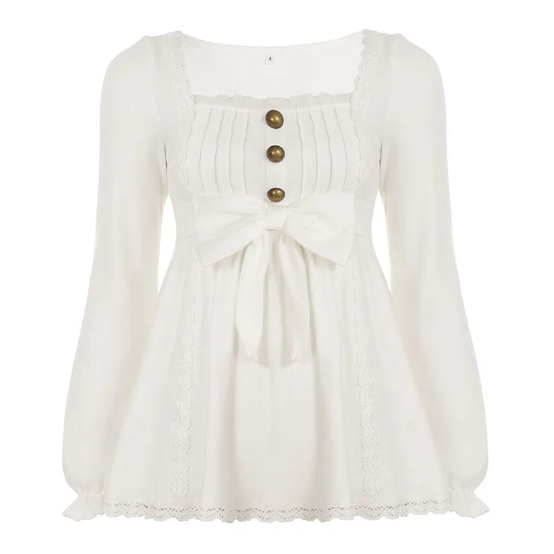 Mori Girl Lace-Trim Bow Babydoll Knit Top