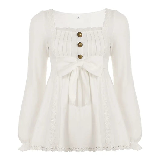 Mori Girl Lace-Trim Bow Babydoll Knit Top