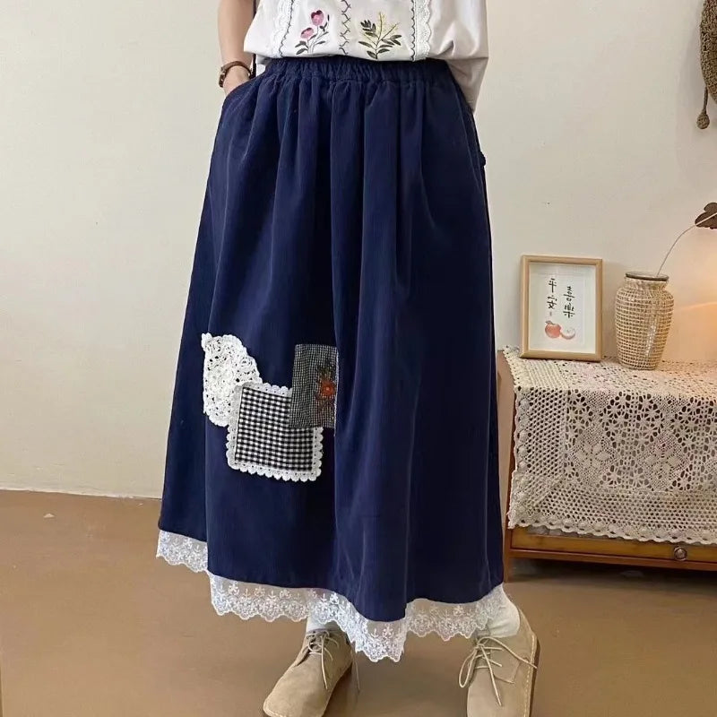 Mori Girl Patchwork Lace Hem Skirt