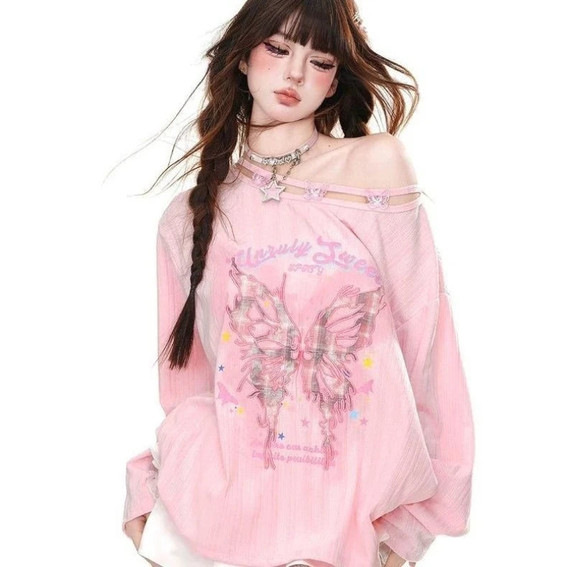 Fairycore Unbändiges Süßes Schmetterlings-Off-Shoulder-Oberteil