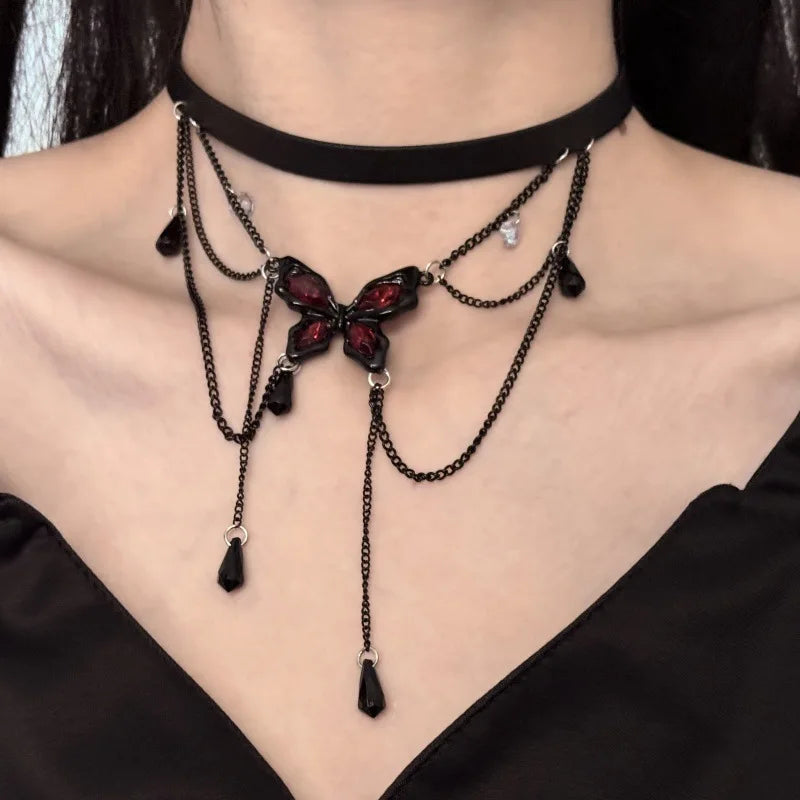 Whimsigoth Crimson Butterfly Draped Chain Choker Necklace