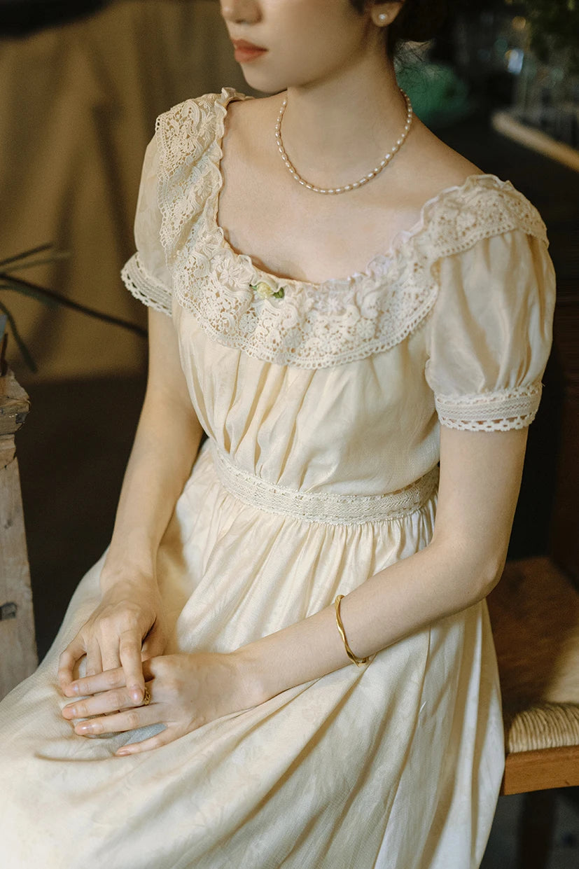 Prairie Cream Lace Ruffle Midi Dress