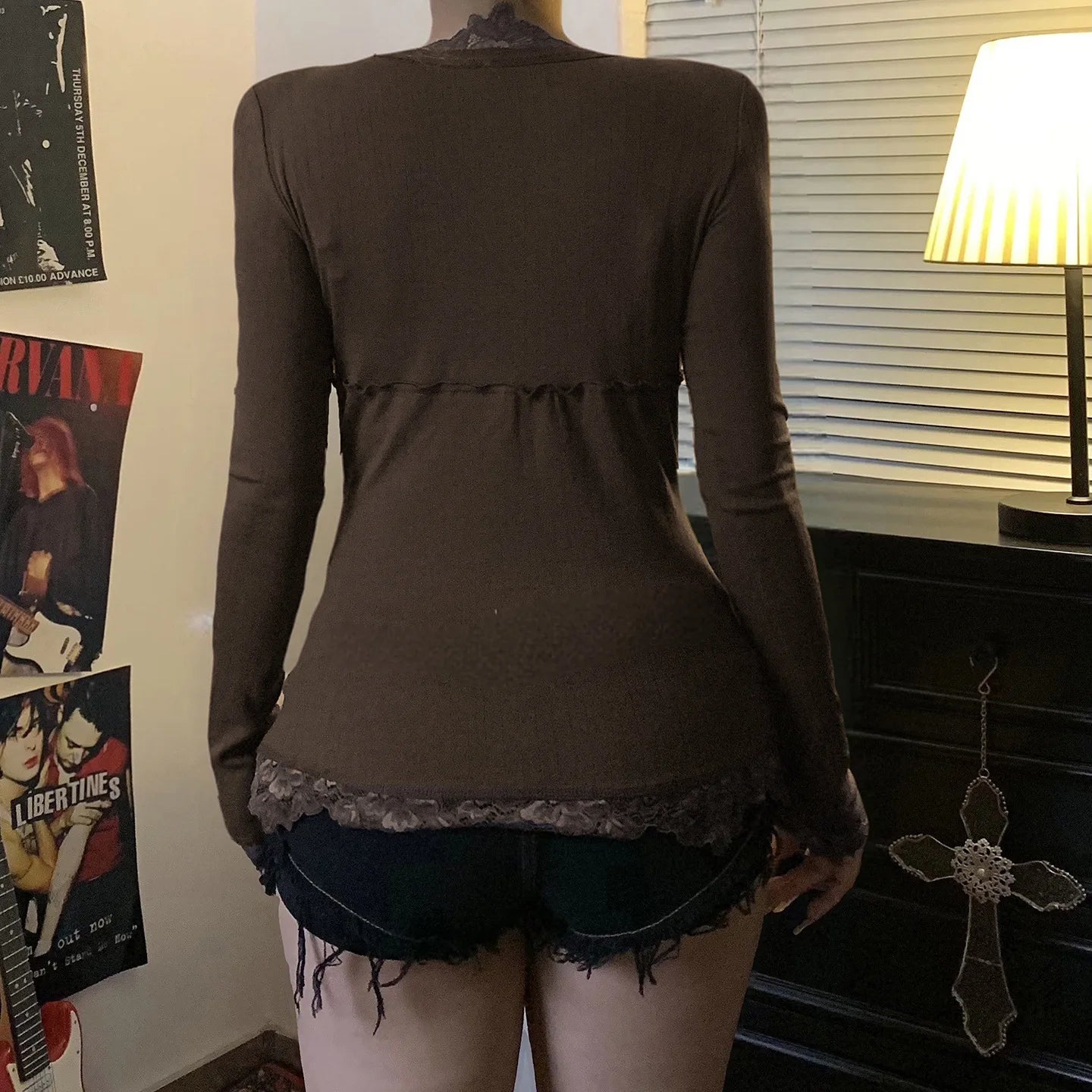 Dark Cottagecore Lace-Trim Bow T-Shirt in Mocha