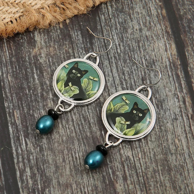 Mystic Black Cat Forest Earrings