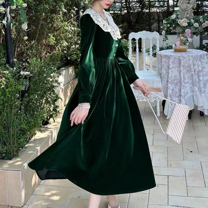 Dark Cottagecore Emerald Velvet Lace Collar Midi Dress