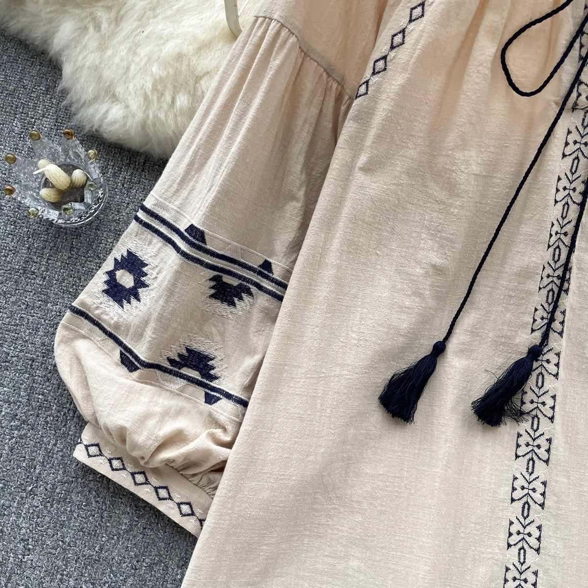 Boho Embroidered Tassel Peasant Blouse