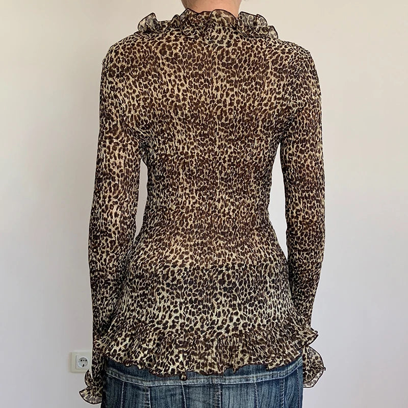 Vintage Leopard Ruffle Front Blouse