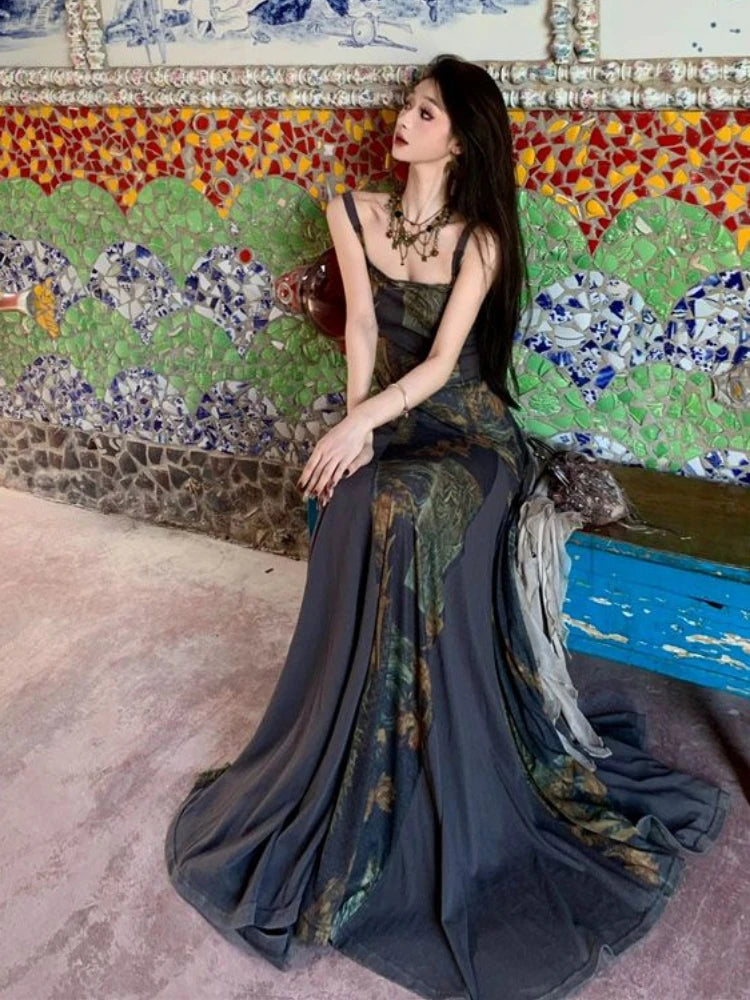 Goblincore Forest Print Boho Maxi Dress