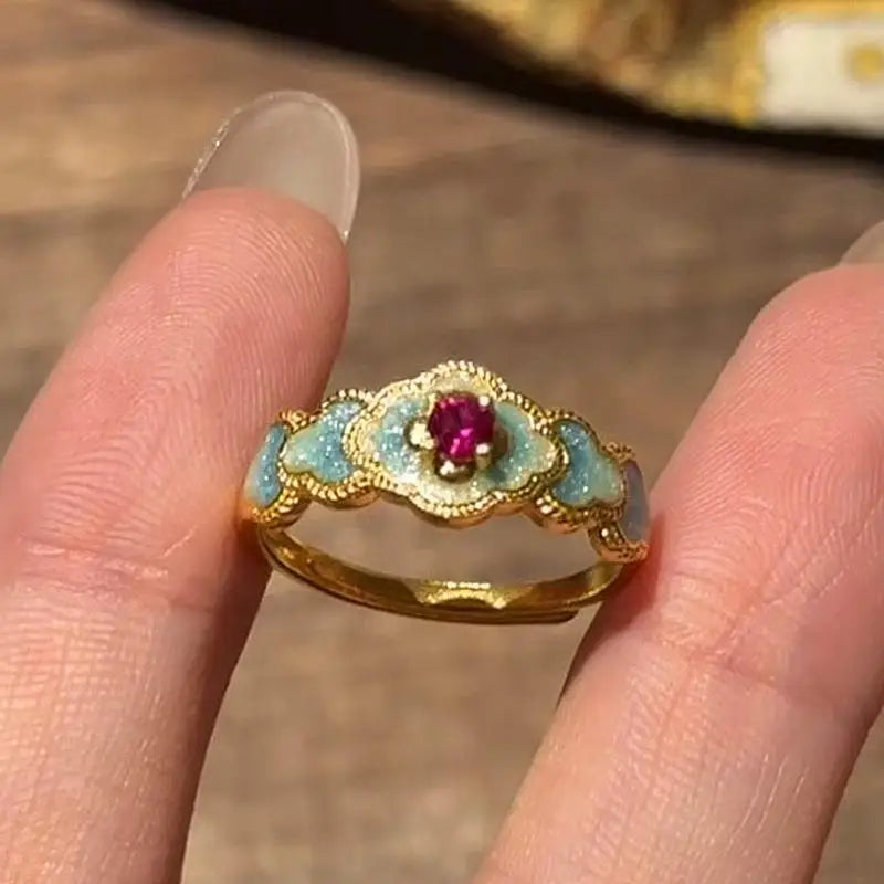 Vintage Aesthetic Celestial Cloud Ruby Bloom Ring