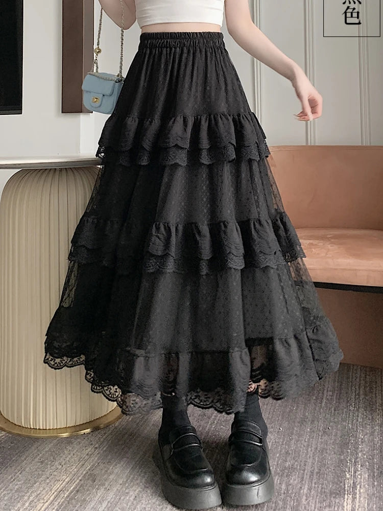 Dark Cottagecore Midnight Lace Tiered Skirt