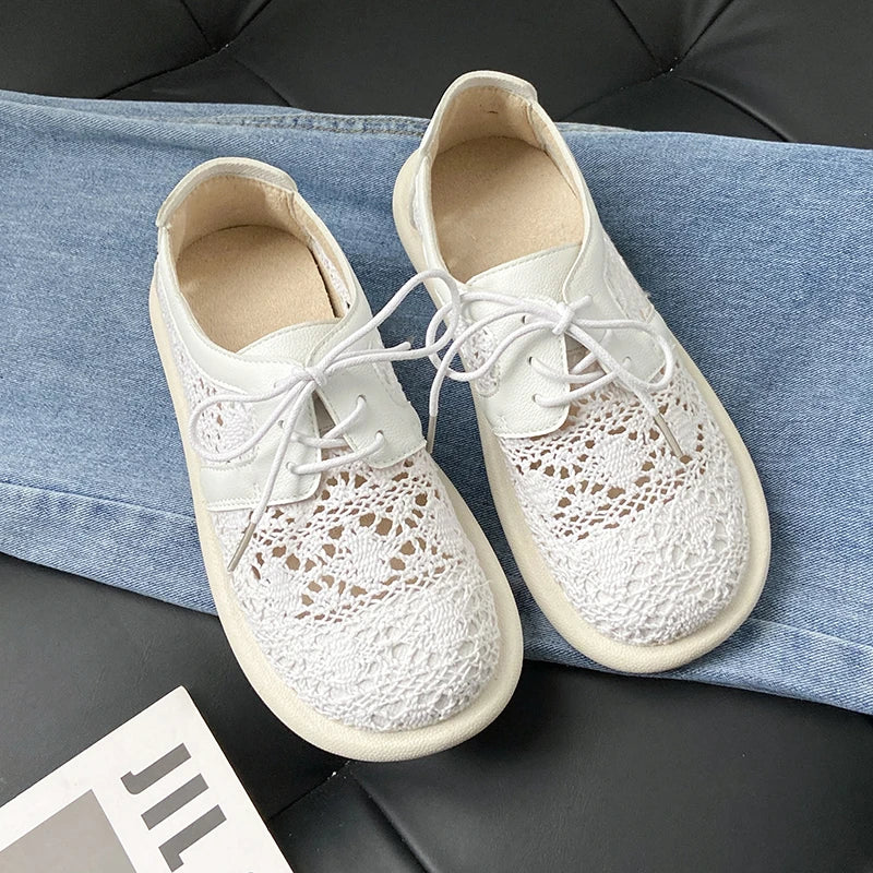 Mori Girl Crochet Mesh Lace-Up Shoes