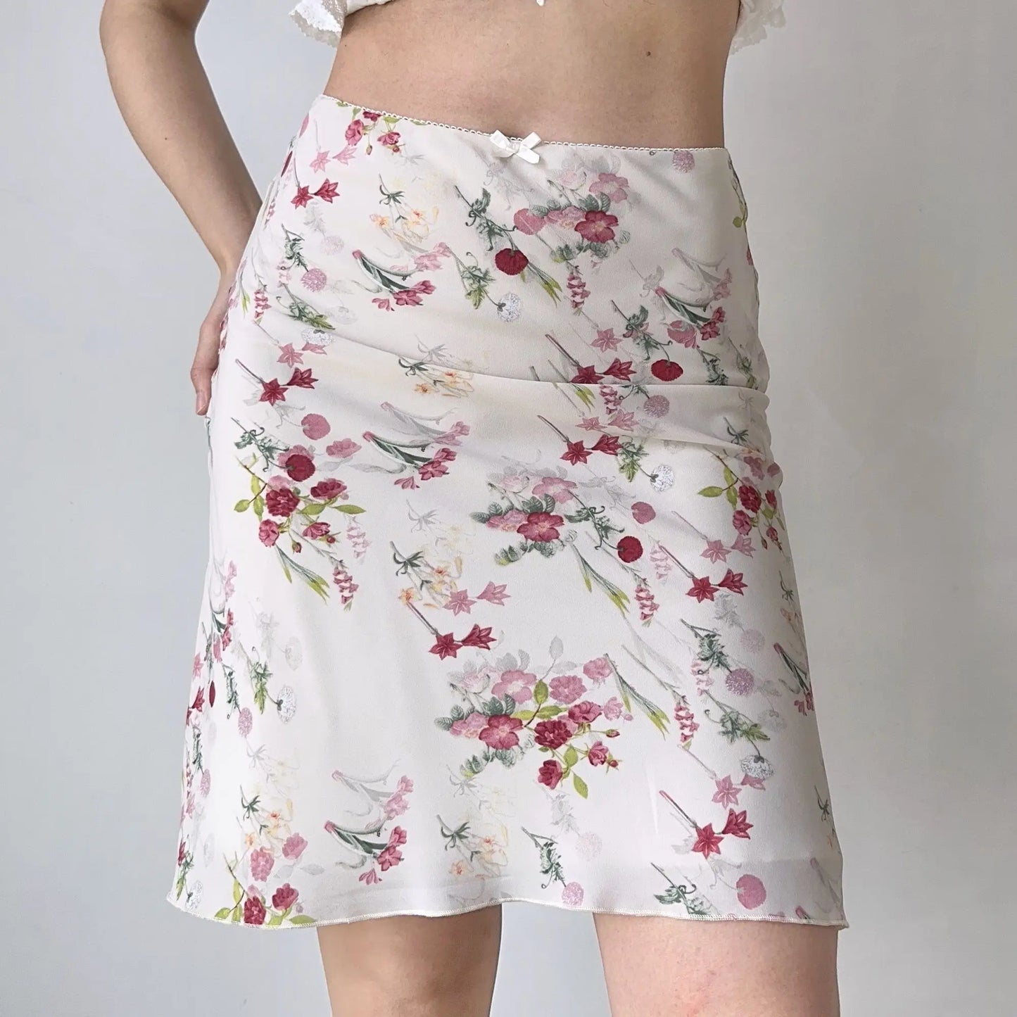 Fairycore Ruched Floral Satin Mini Skirt
