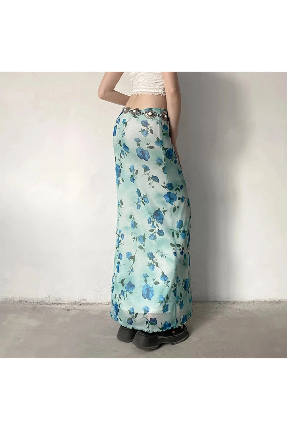 Blue Blossom Mesh Maxi Skirt