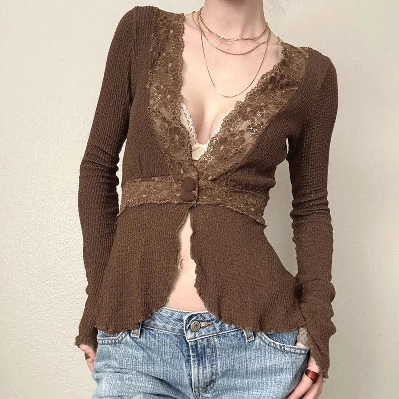 Vintage Deep V-Neck Lace Knit Top